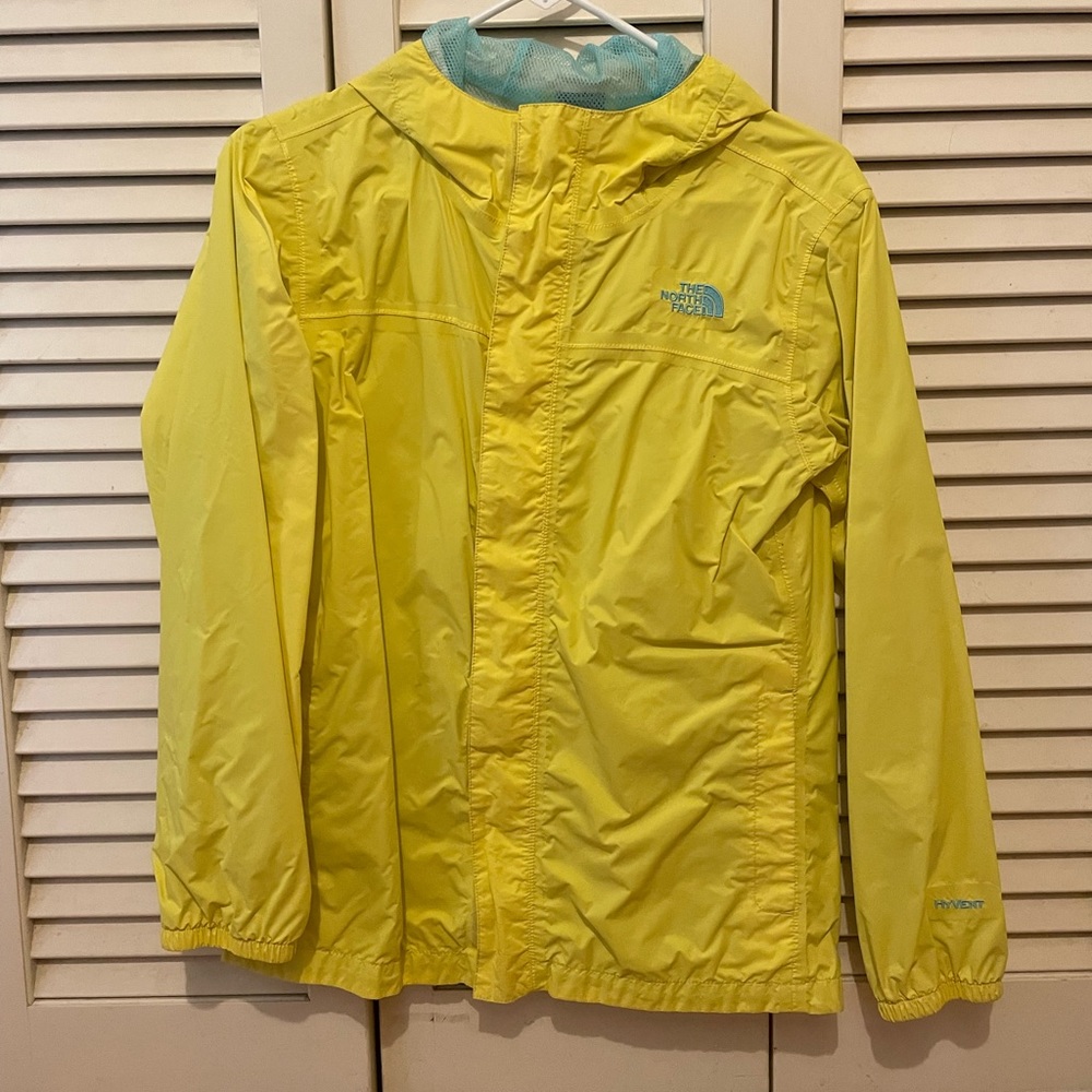 North face teal and yellow rain coat/ windbreaker